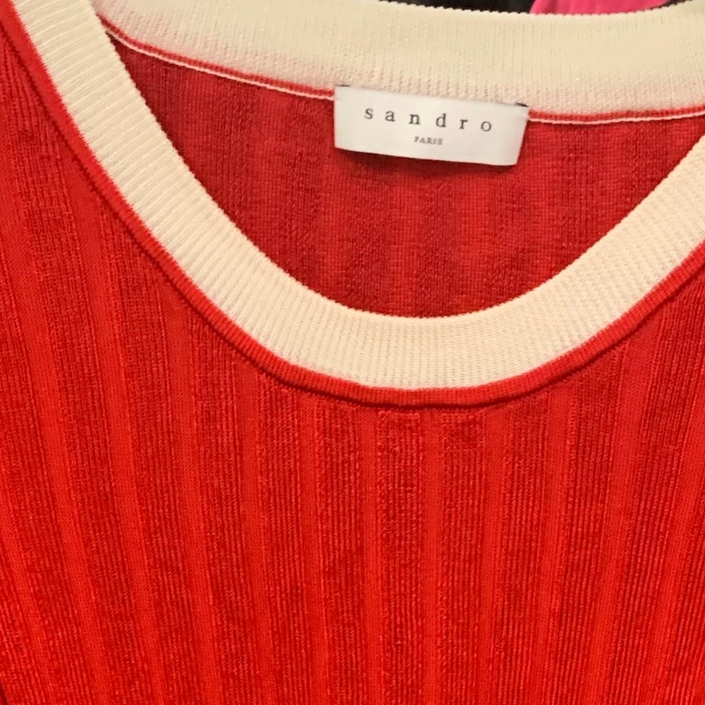 Sandro Red Ribbed Top Tee Short Sleeve Pullover Small - Picture 7 of 16